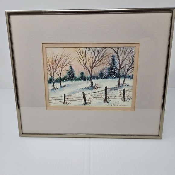 Watercolor Painting Winter Country Scene With Fence & Snow Artist Signed 12 x 10 - Picture 1 of 7